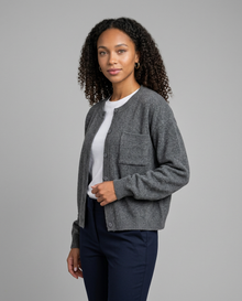 Women's Relaxed V-Neck Pocket Cardigan in Grey – three-quarter view