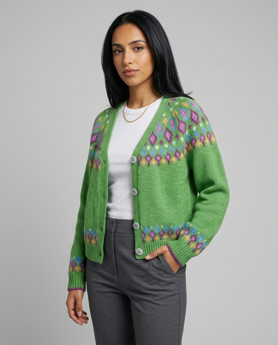 Women's Fair Isle Nordic Knit Cardigan in Green – front view