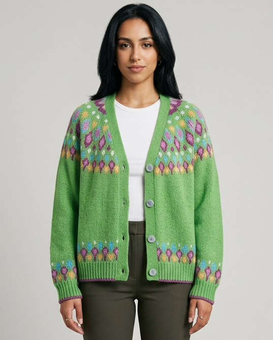 Women's Fair Isle Nordic Knit Cardigan in Green – front view