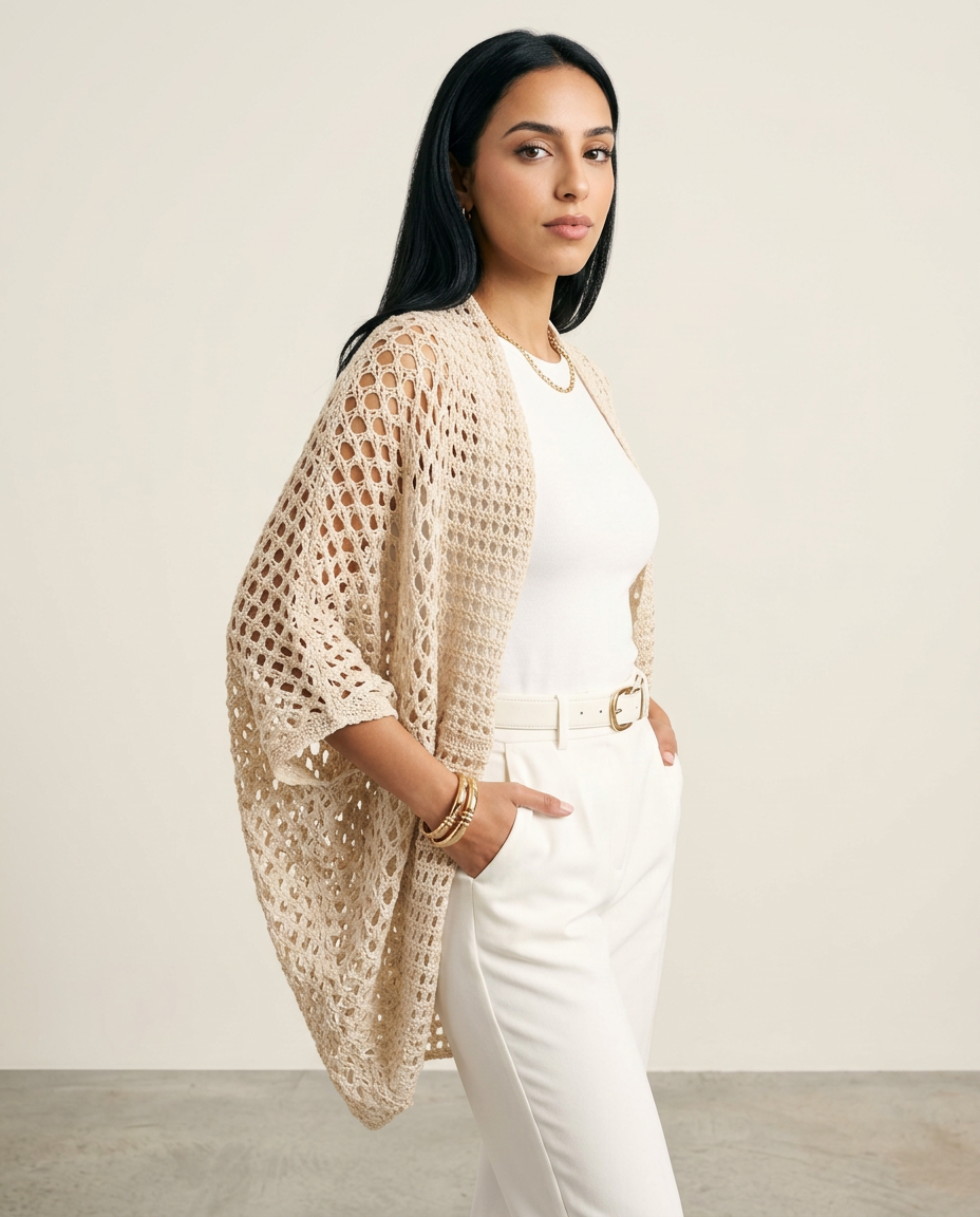 Women's Open Knit Batwing Cardigan in Apricot – front view