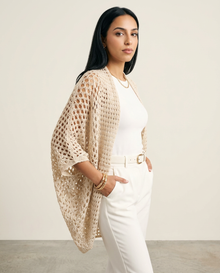 Women's Open Knit Batwing Cardigan in Apricot – three-quarter view