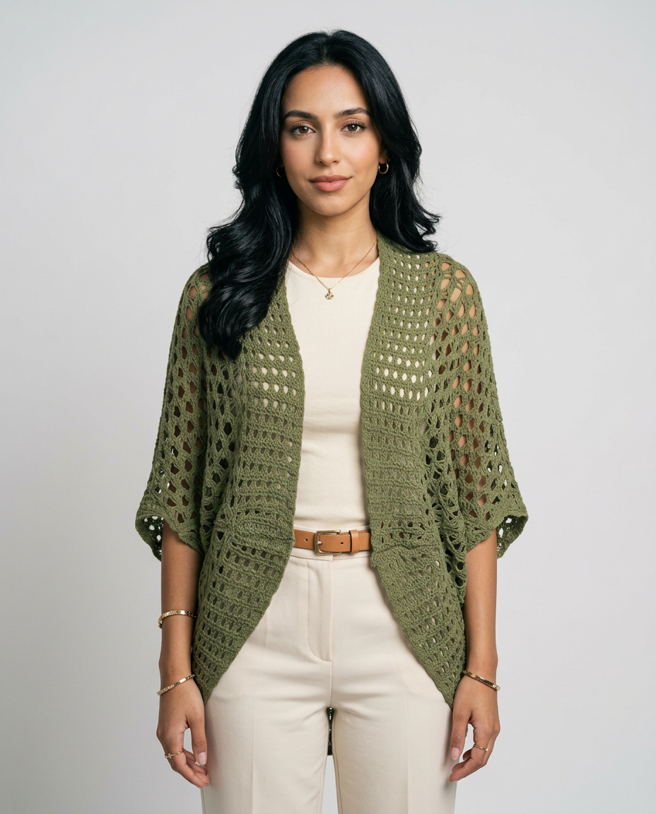 Women's Open Knit Batwing Cardigan in Avocado Green – front view