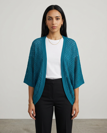Women's Open Knit Batwing Cardigan in Peacock Blue – front view