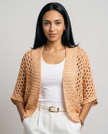 Women's Open Knit Batwing Cardigan in Apricot – close-up