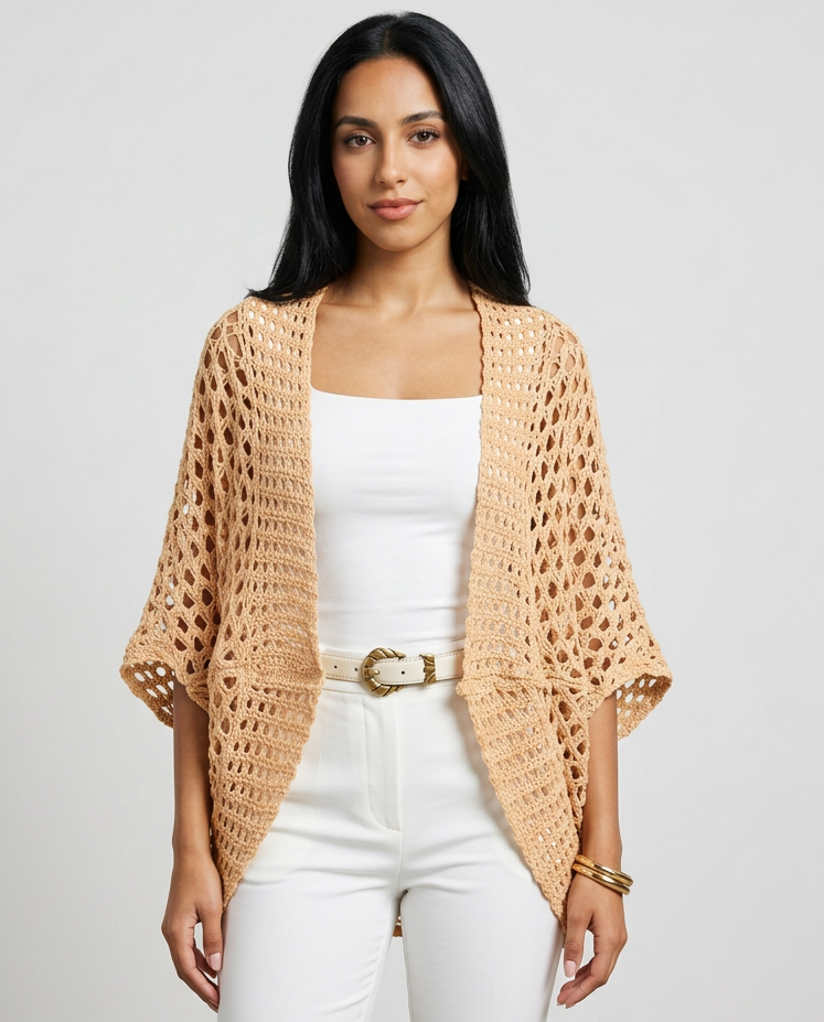 Women's Open Knit Batwing Cardigan in Apricot – front view