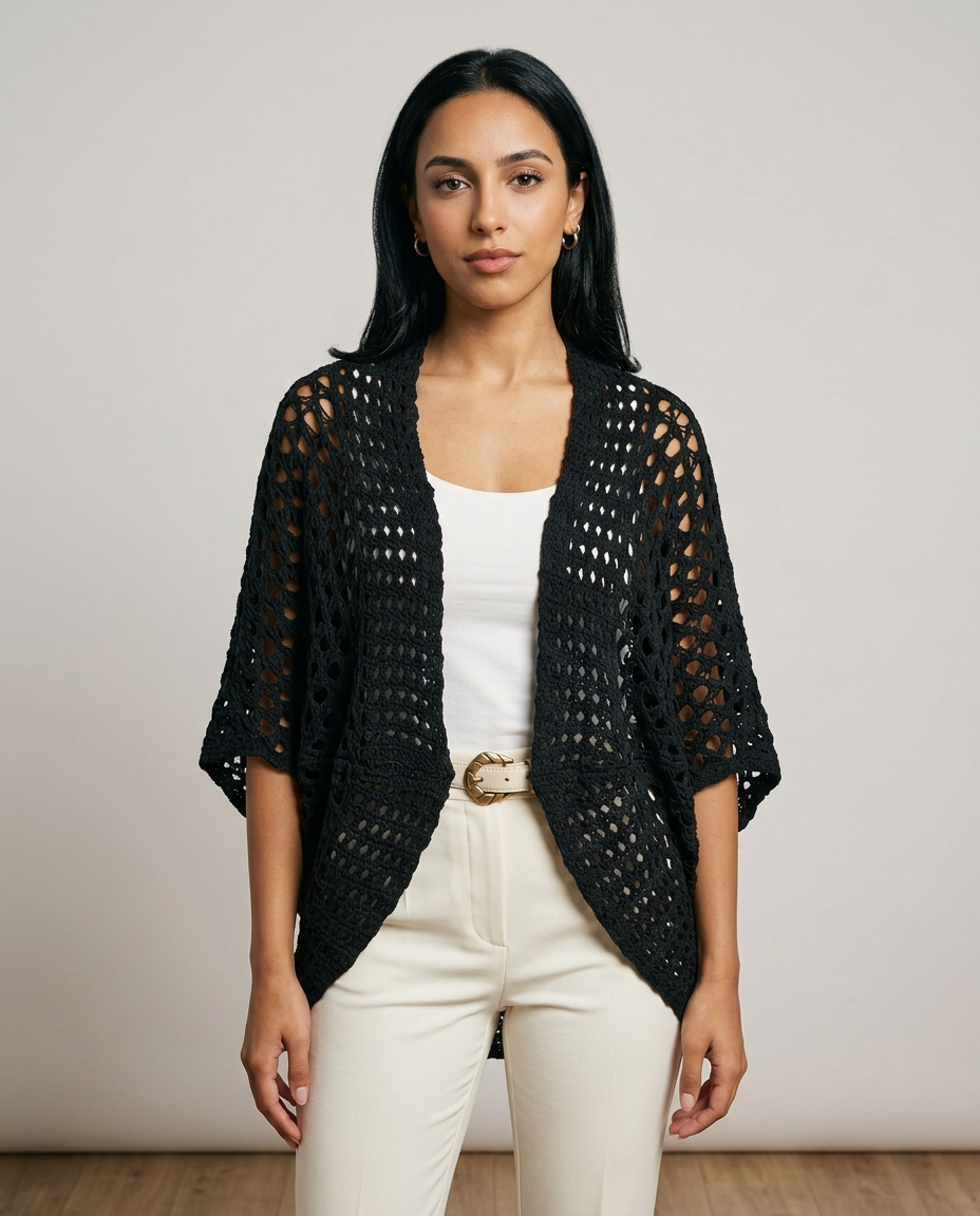 Women's Open Knit Batwing Cardigan in Black – front view