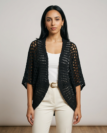 Women's Open Knit Batwing Cardigan in Black – front view