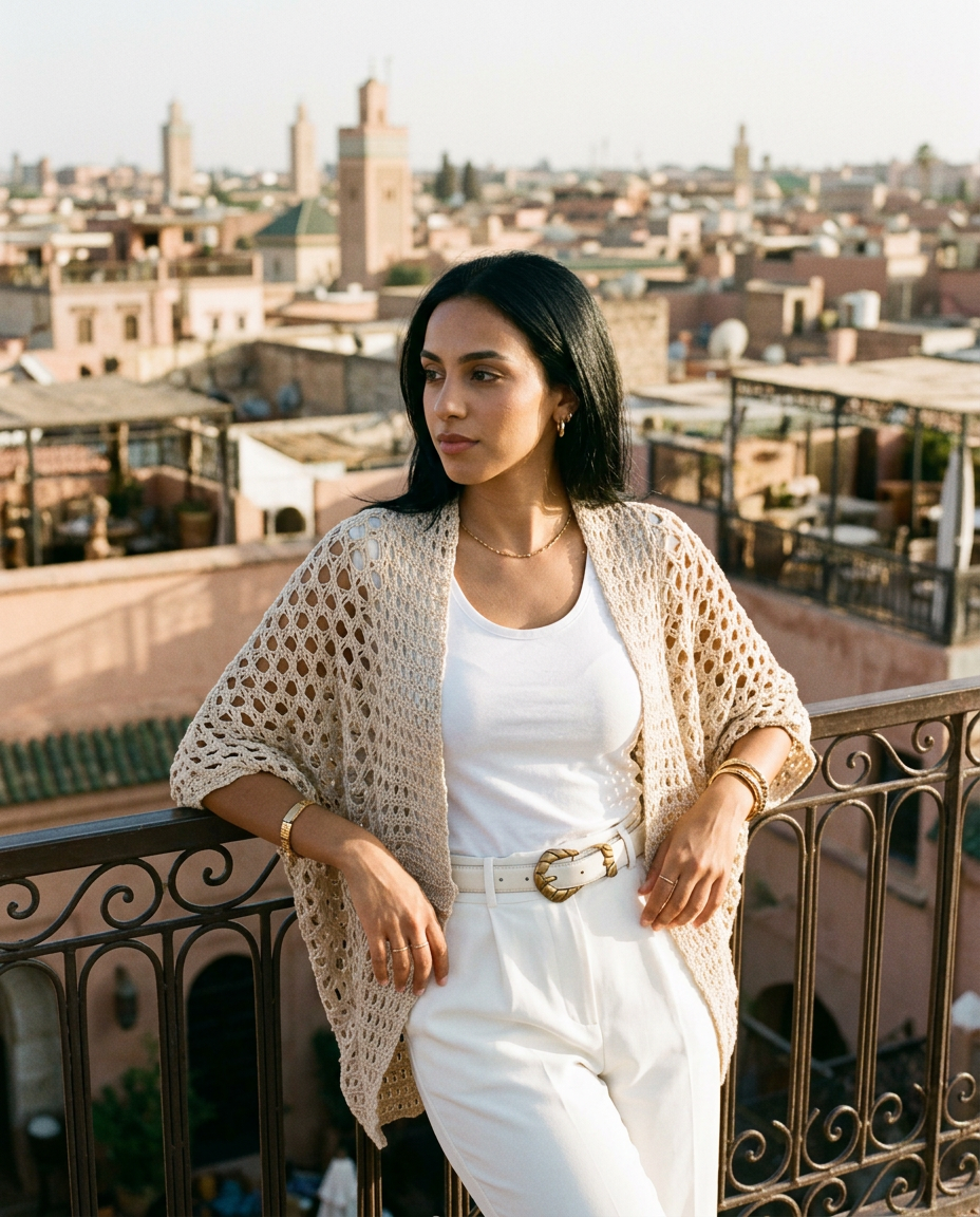 Women's Open Knit Batwing Cardigan in Apricot – lifestyle shot