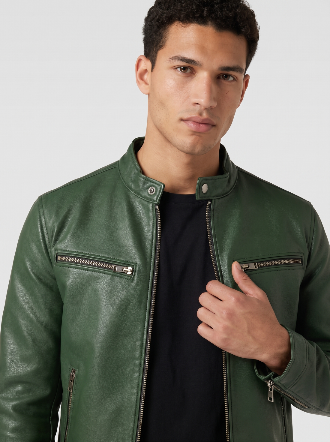 Men's Faux Leather Biker Jacket in Green – front view