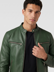 Men's Faux Leather Biker Jacket in Green – detail view