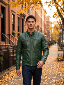 Men's Faux Leather Biker Jacket in Green – lifestyle shot