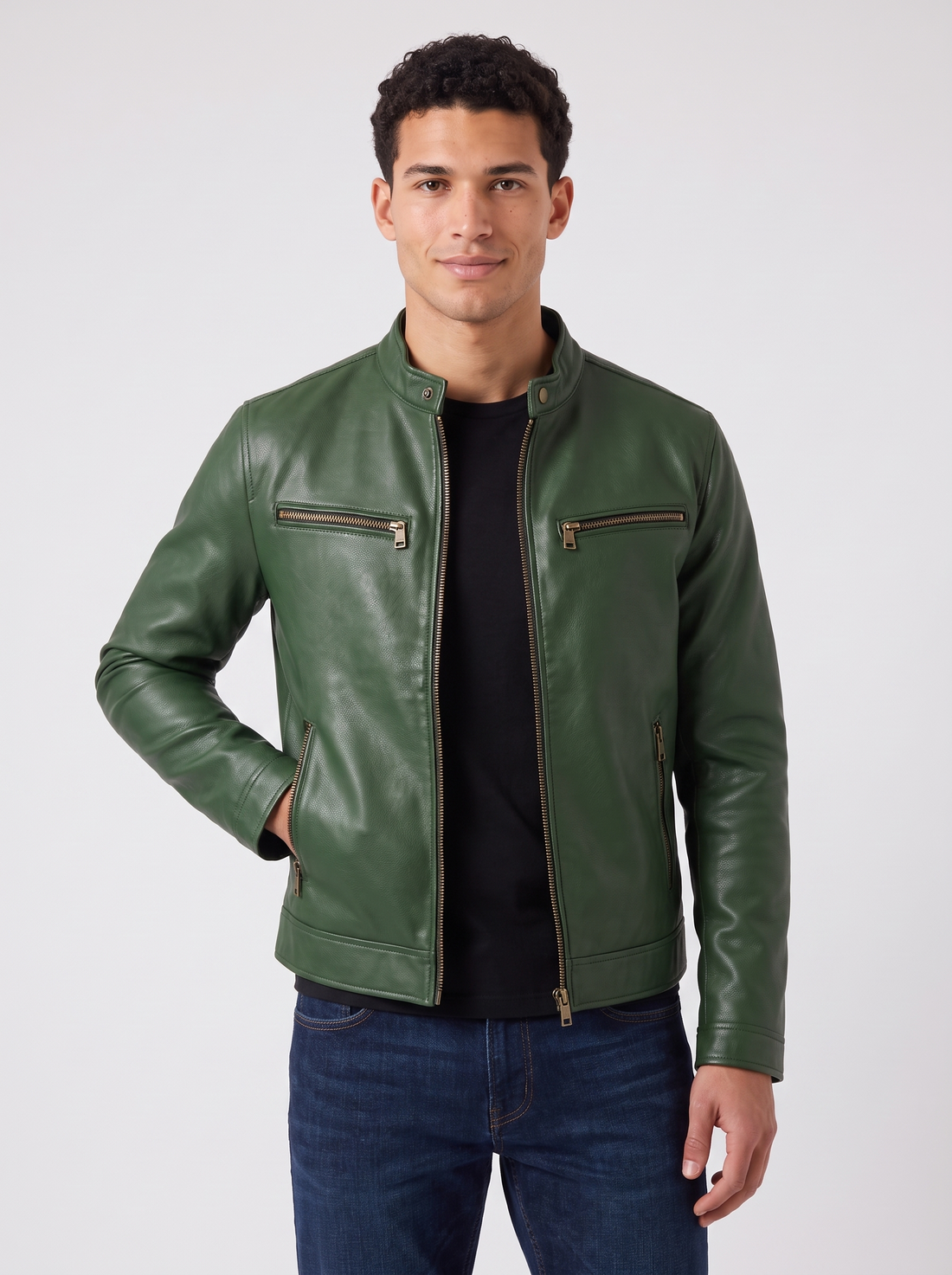Men's Faux Leather Biker Jacket in Green – three-quarter view