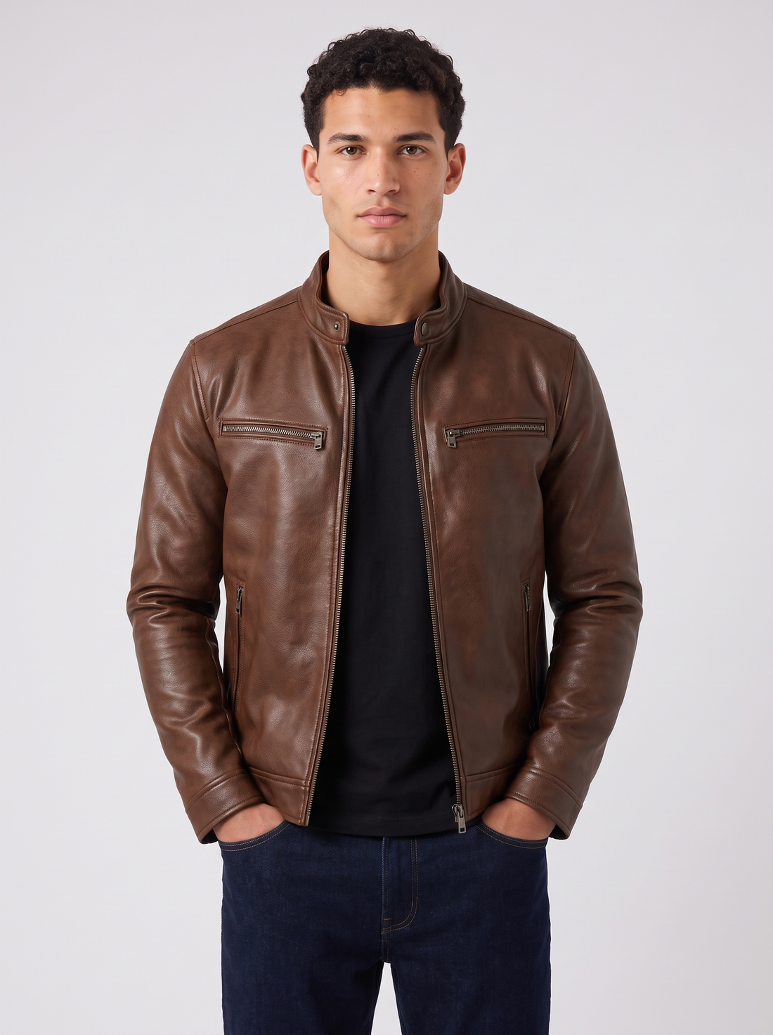 Men's Faux Leather Biker Jacket in Brown