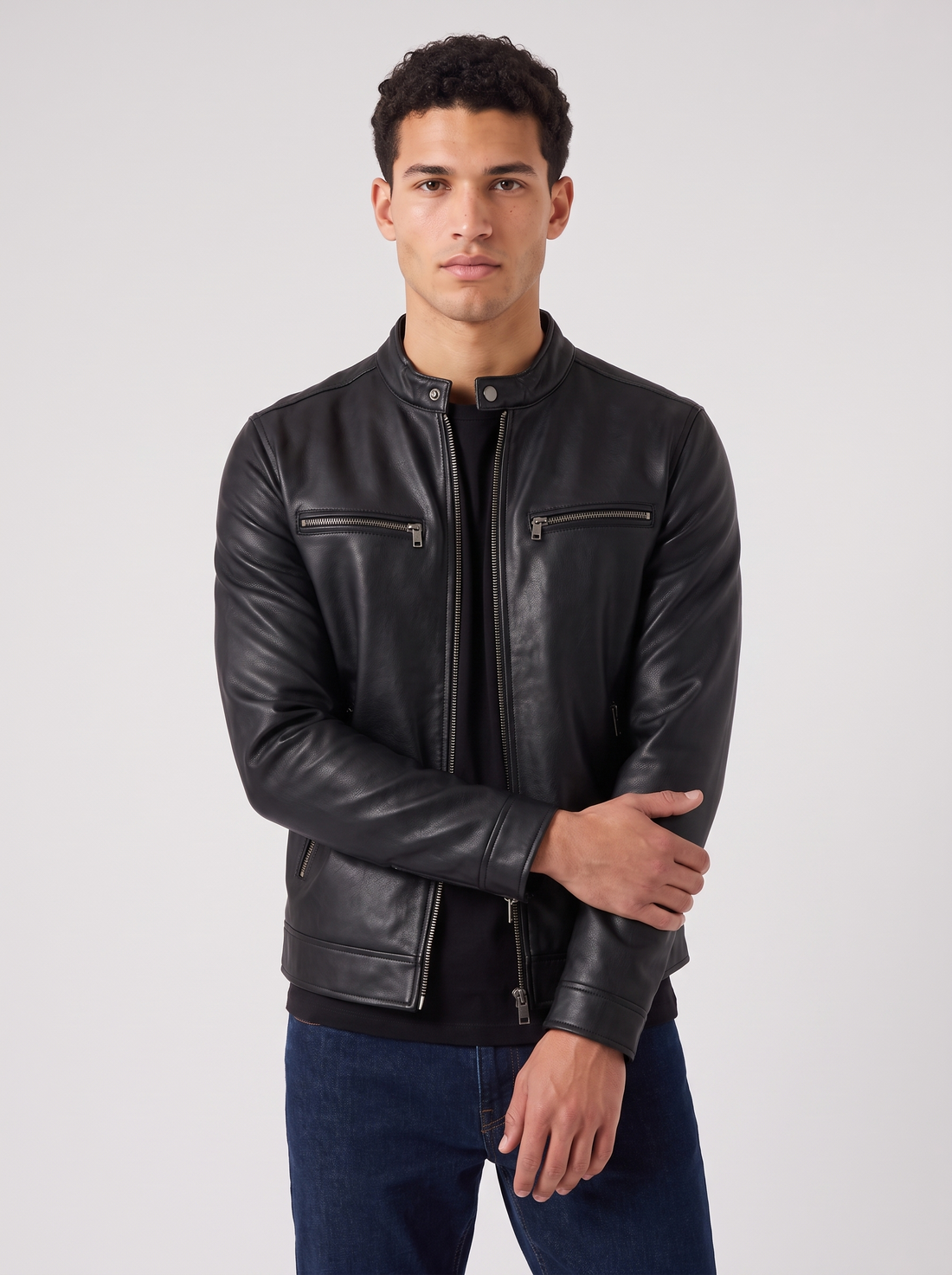 Men's Faux Leather Biker Jacket in Black