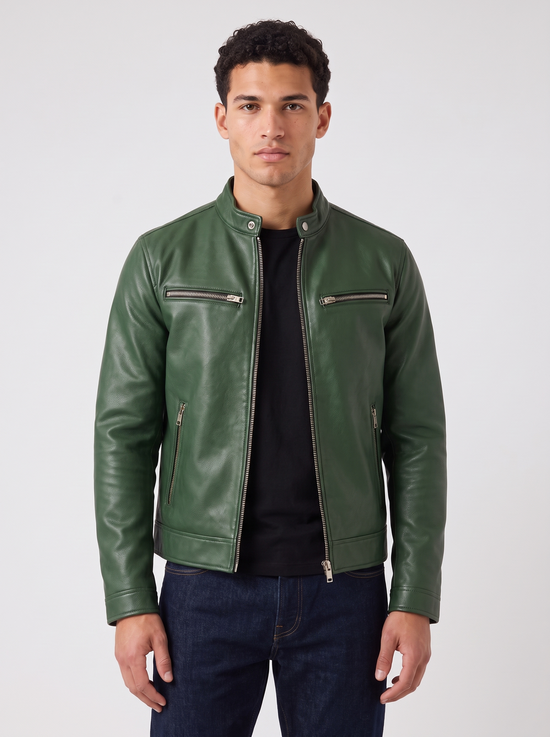 Men's Faux Leather Biker Jacket in Green – front view