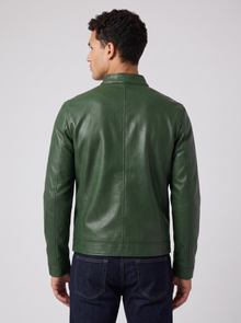 Men's Faux Leather Biker Jacket in Green – back view