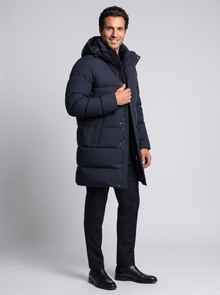 Men's Hooded Puffer Parka Jacket in Navy – three-quarter view