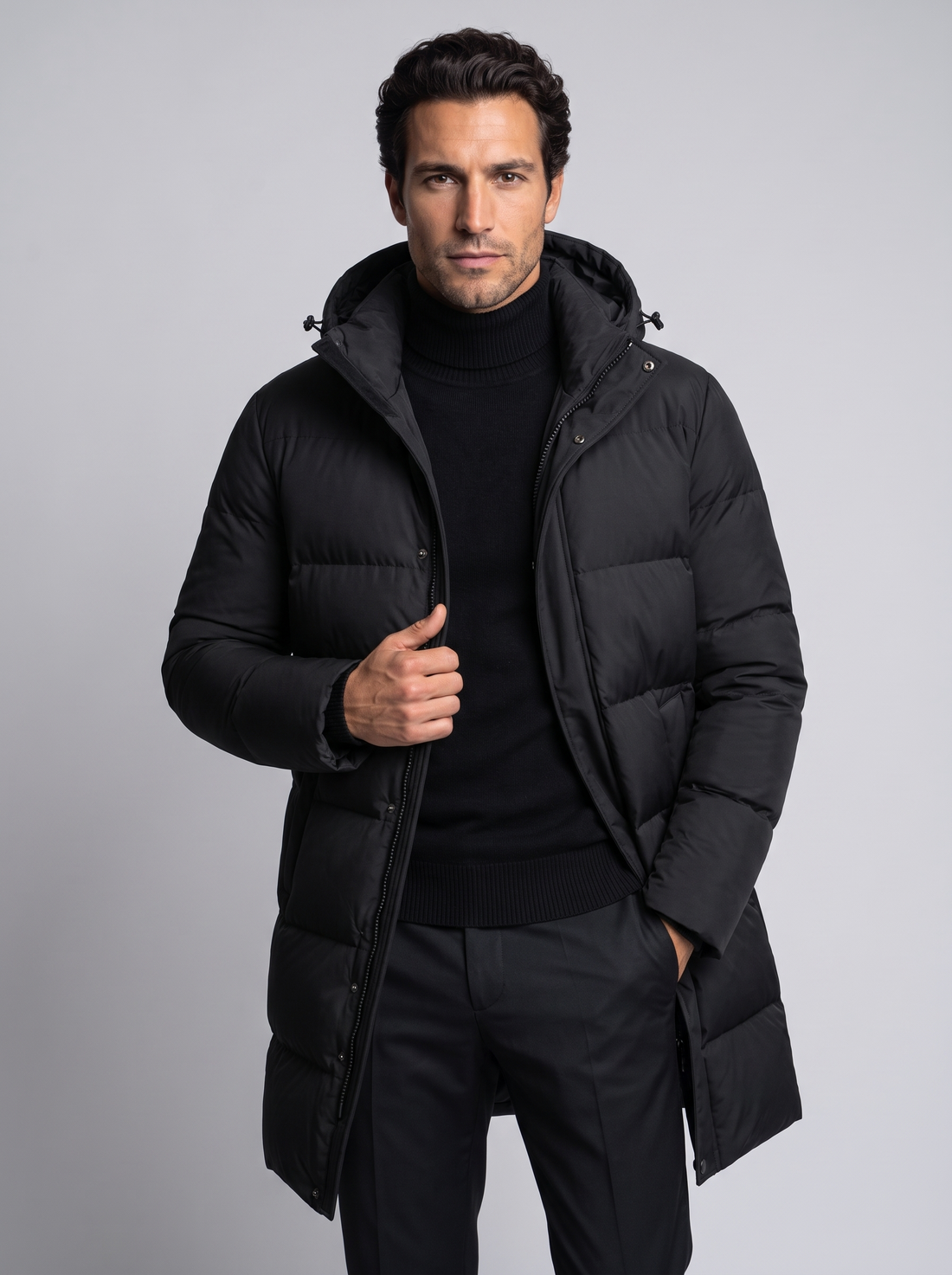 Men's Hooded Puffer Parka Jacket in Black