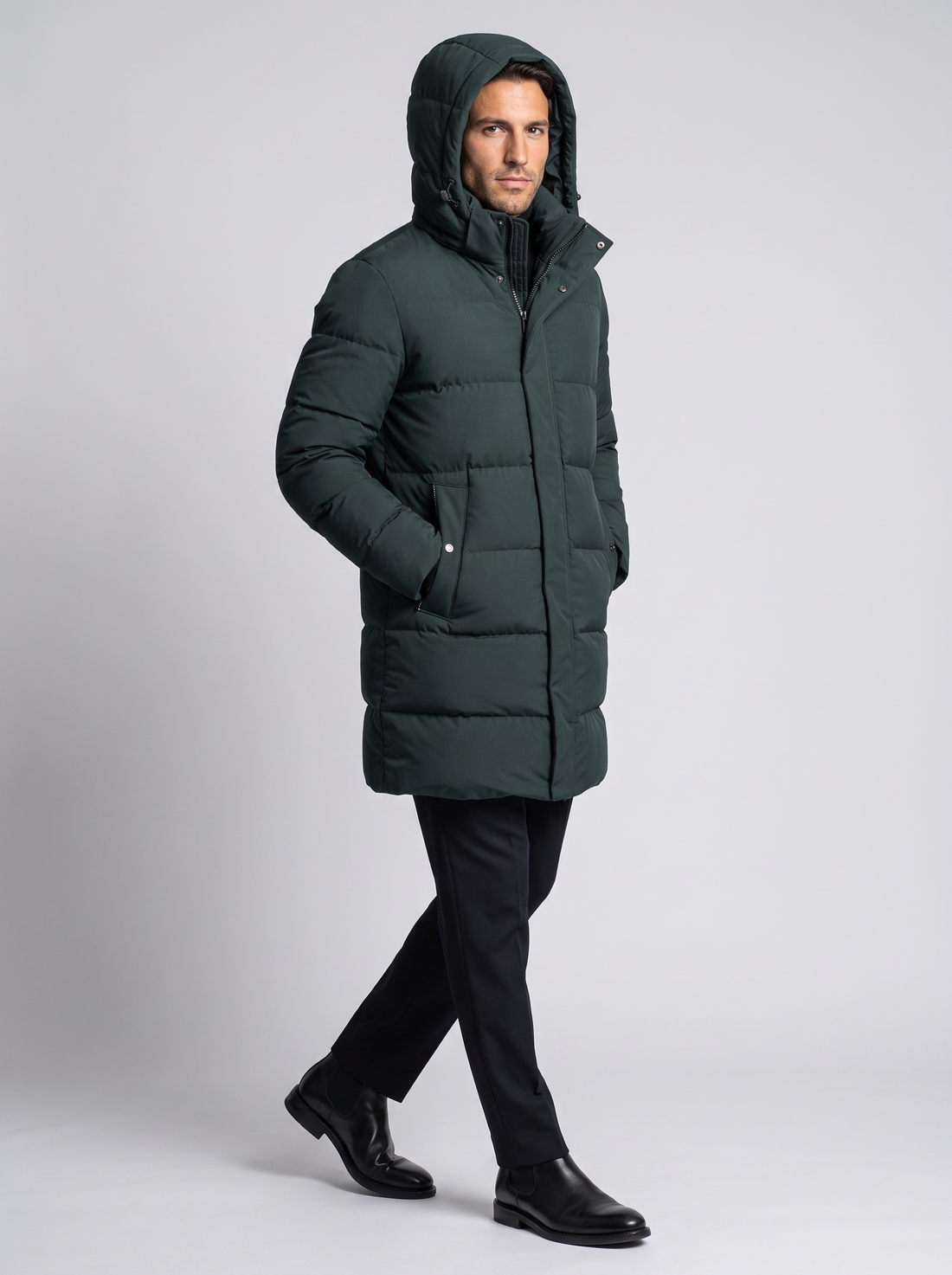 Men's Hooded Puffer Parka Jacket in Deep Green