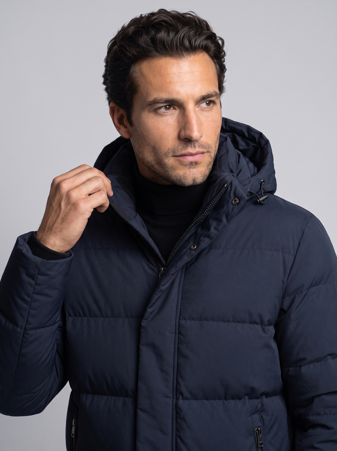 Men's Hooded Puffer Parka Jacket in Navy – detail view