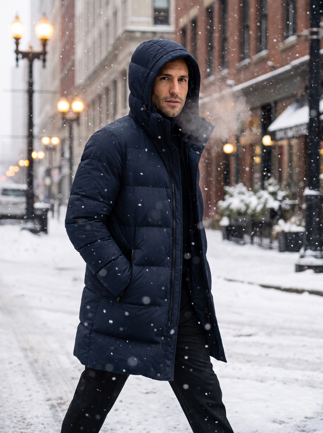 Men's Hooded Puffer Parka Jacket in Navy – lifestyle shot
