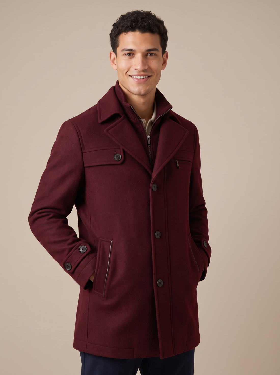 Men's Long Wool Blend Zip Overcoat in Burgundy