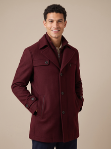 Men's Long Wool Blend Zip Overcoat in Burgundy