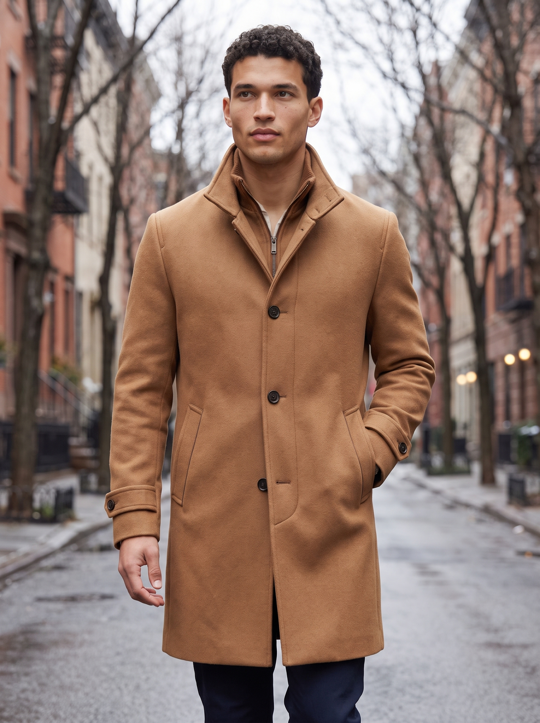 Men's Long Wool Blend Zip Overcoat in Light Brown – lifestyle shot