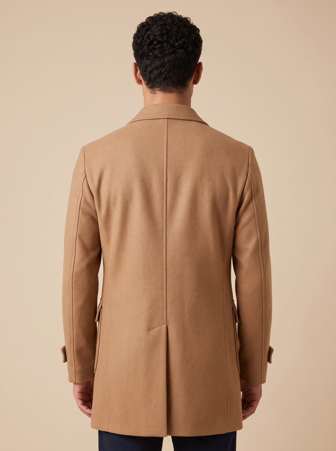 Men's Long Wool Blend Zip Overcoat in Light Brown – back view