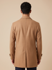 Men's Long Wool Blend Zip Overcoat in Light Brown – back view