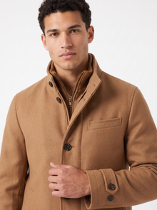 Men's Long Wool Blend Zip Overcoat in Light Brown – detail view