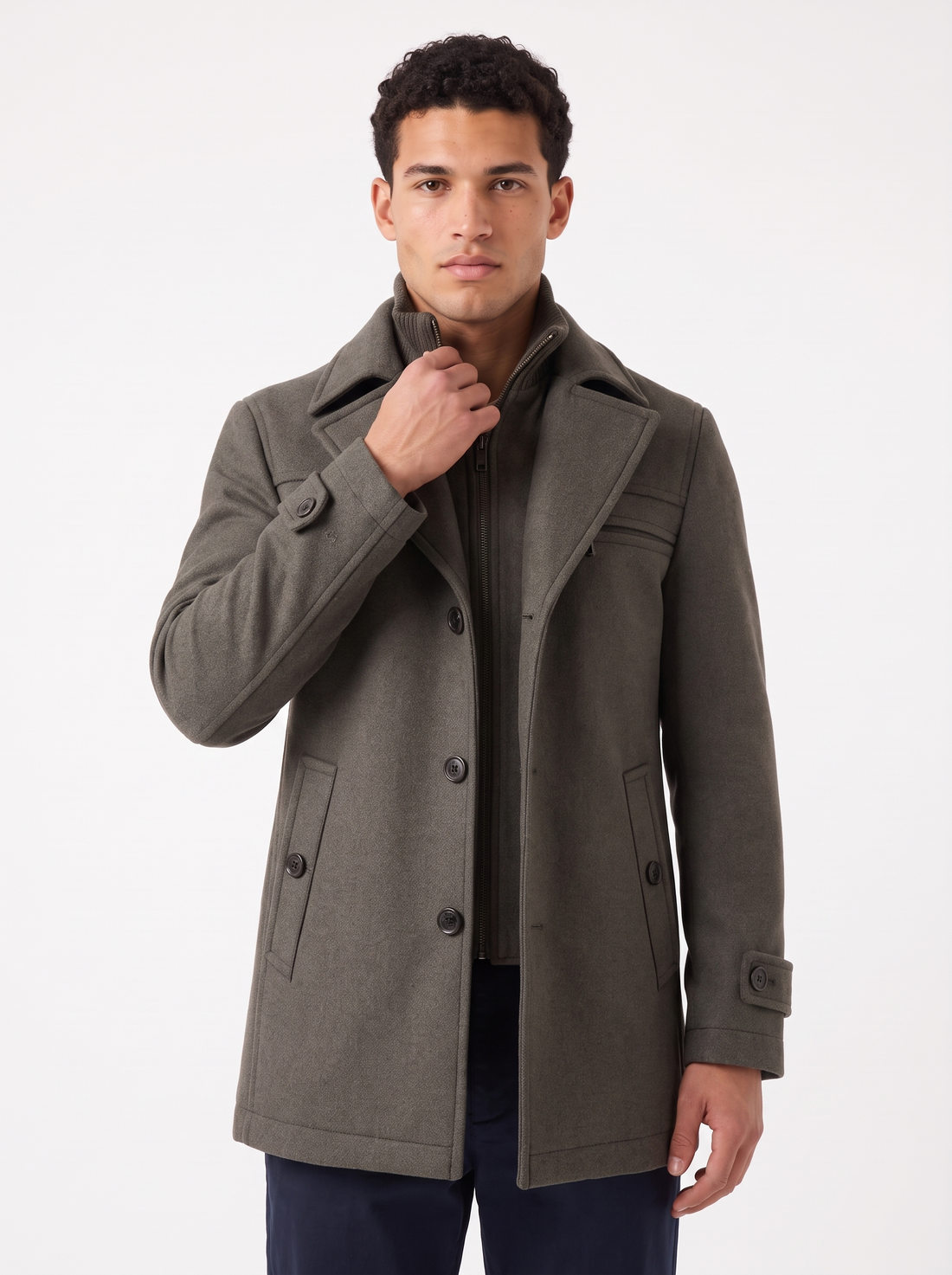 Men's Long Wool Blend Zip Overcoat in Grey