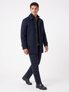 Men's Long Wool Blend Zip Overcoat in Navy Blue