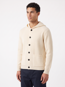 Men's Hooded Button Up Knit Cardigan in Beige – three-quarter view
