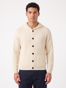 Men's Hooded Button Up Knit Cardigan in Beige – front view