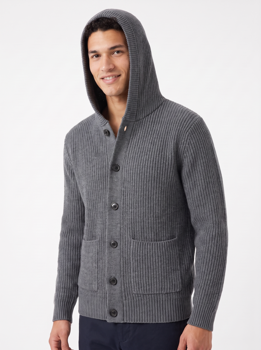 Men's Hooded Button Up Knit Cardigan in Grey