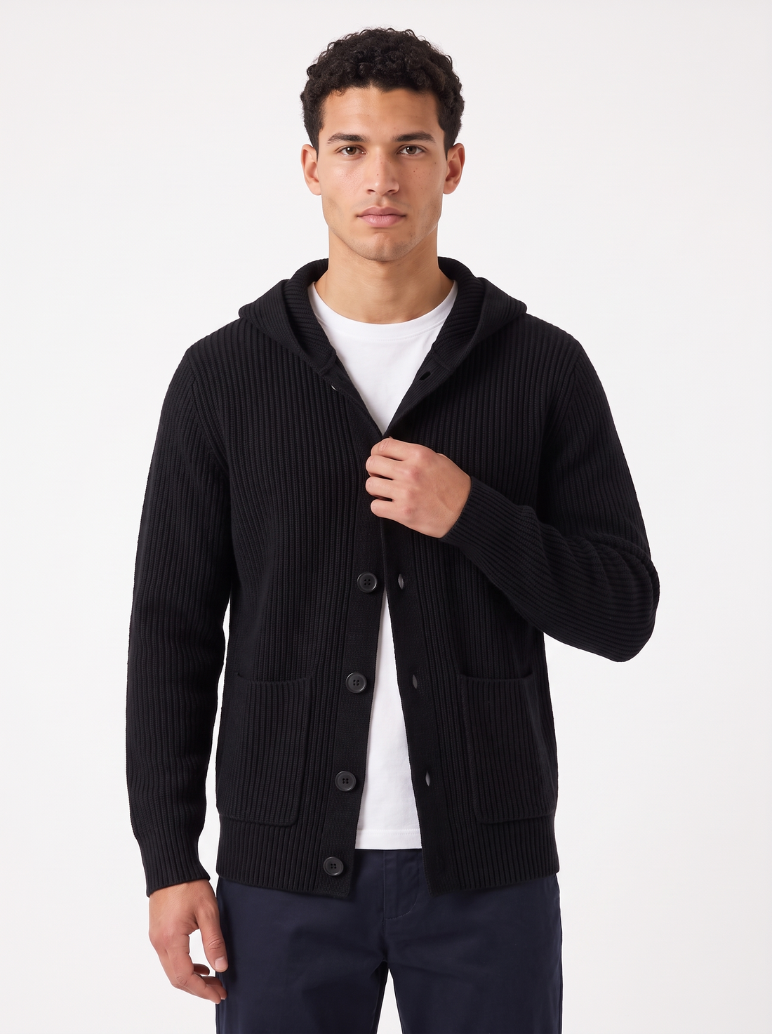 Men's Hooded Button Up Knit Cardigan in Black