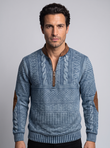 Men's Textured Half Zip Knit Jumper in Blue – front view