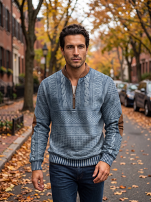 Men's Textured Half Zip Knit Jumper in Blue – lifestyle shot
