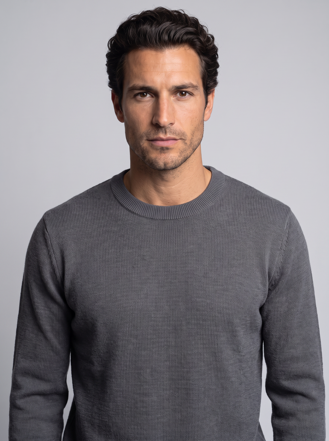 Men's Soft Knit Crew Neck Jumper in Grey – three-quarter view