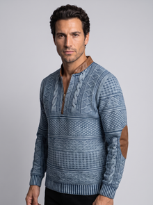 Men's Textured Half Zip Knit Jumper in Blue – three-quarter view