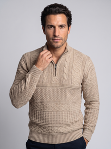 Men's Textured Half Zip Knit Jumper in Beige