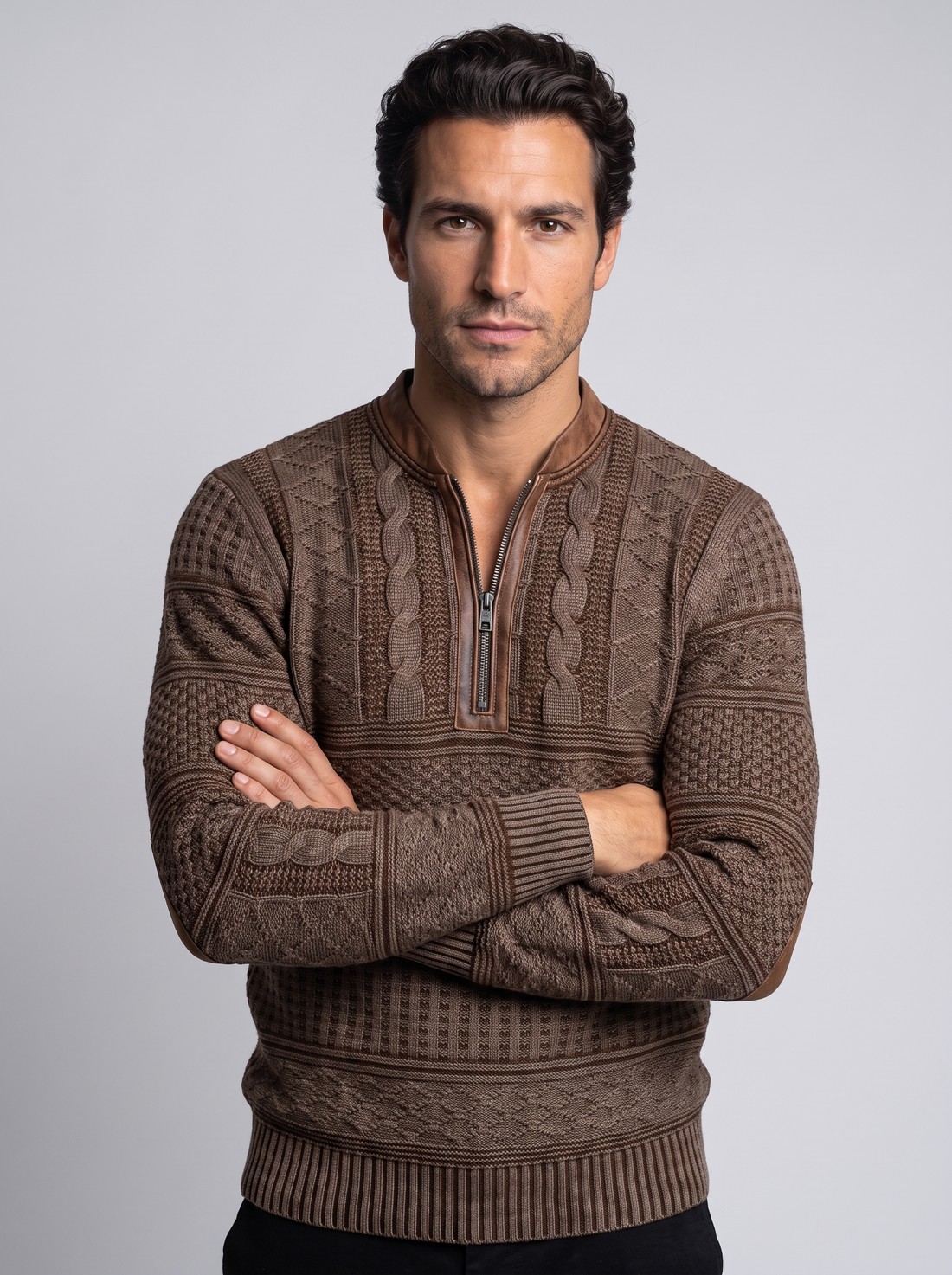 Men's Textured Half Zip Knit Jumper in Brown