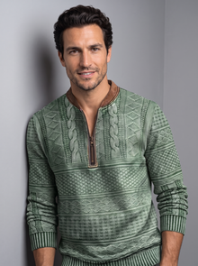 Men's Textured Half Zip Knit Jumper in Green