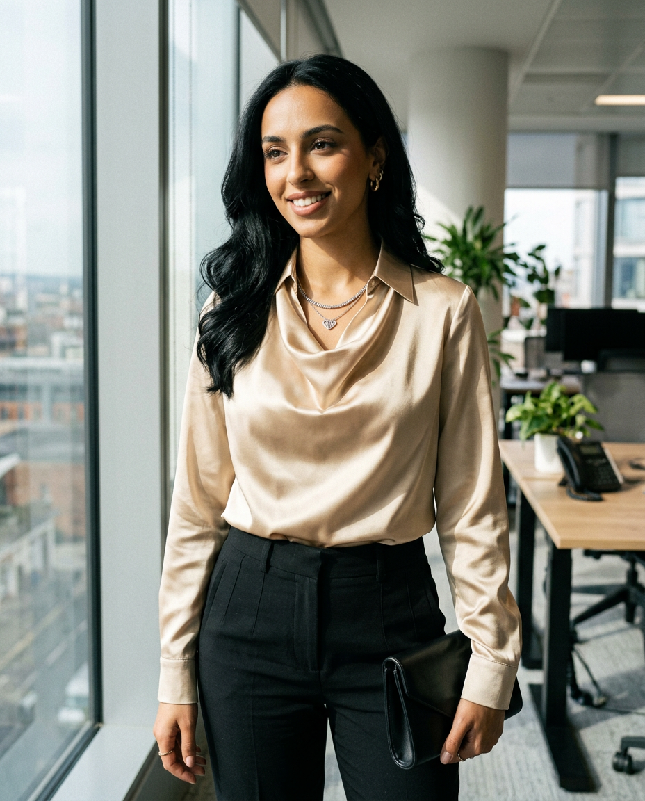 Women's Cowl Neck Satin Blouse in Gold – lifestyle shot