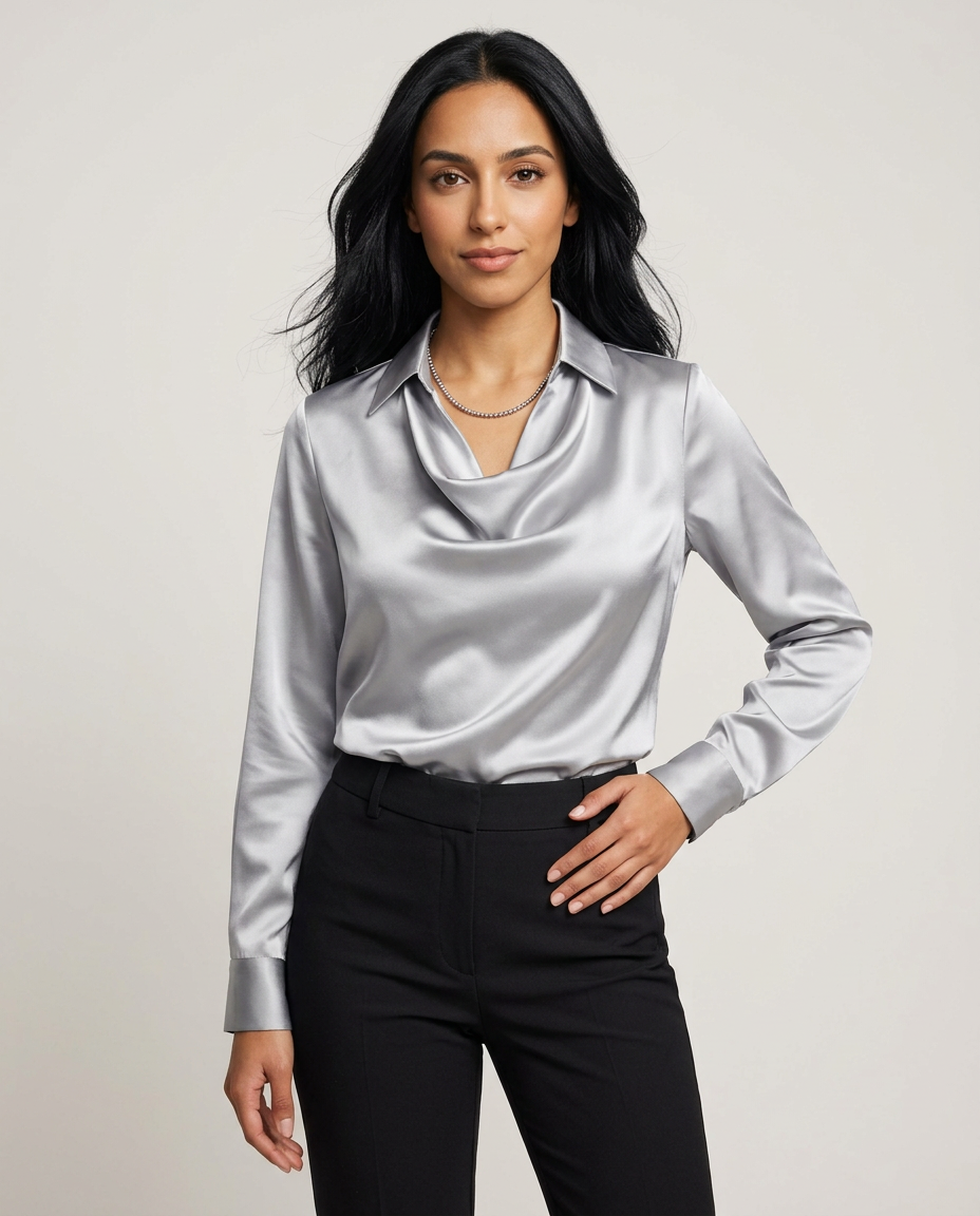 Women's Cowl Neck Satin Blouse in Silver