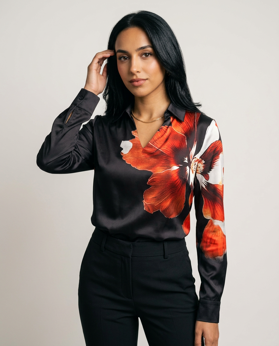 Women's Cowl Neck Satin Blouse in Black & Red