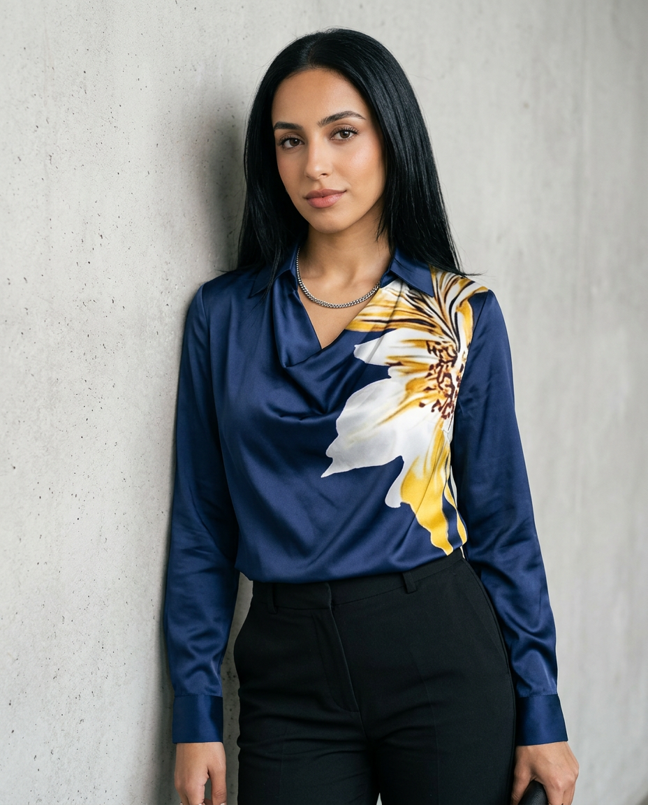 Women's Cowl Neck Satin Blouse in Dark Blue