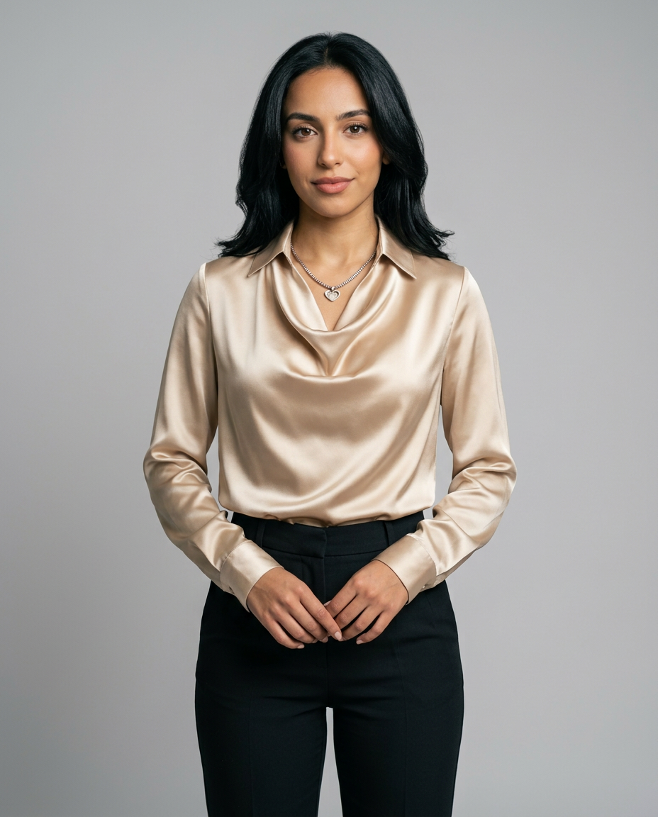 Women's Cowl Neck Satin Blouse in Gold – front view
