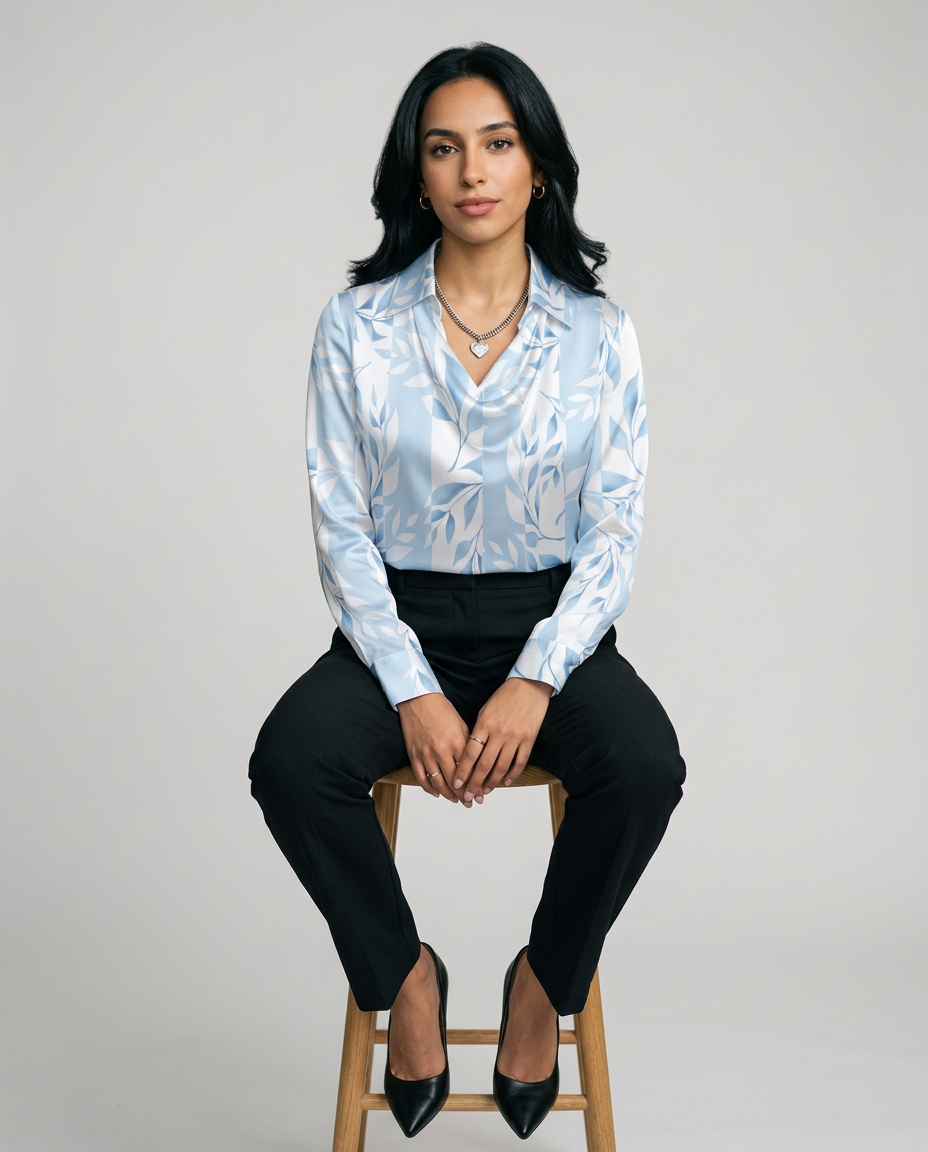 Women's Cowl Neck Satin Blouse in Light Blue Floral